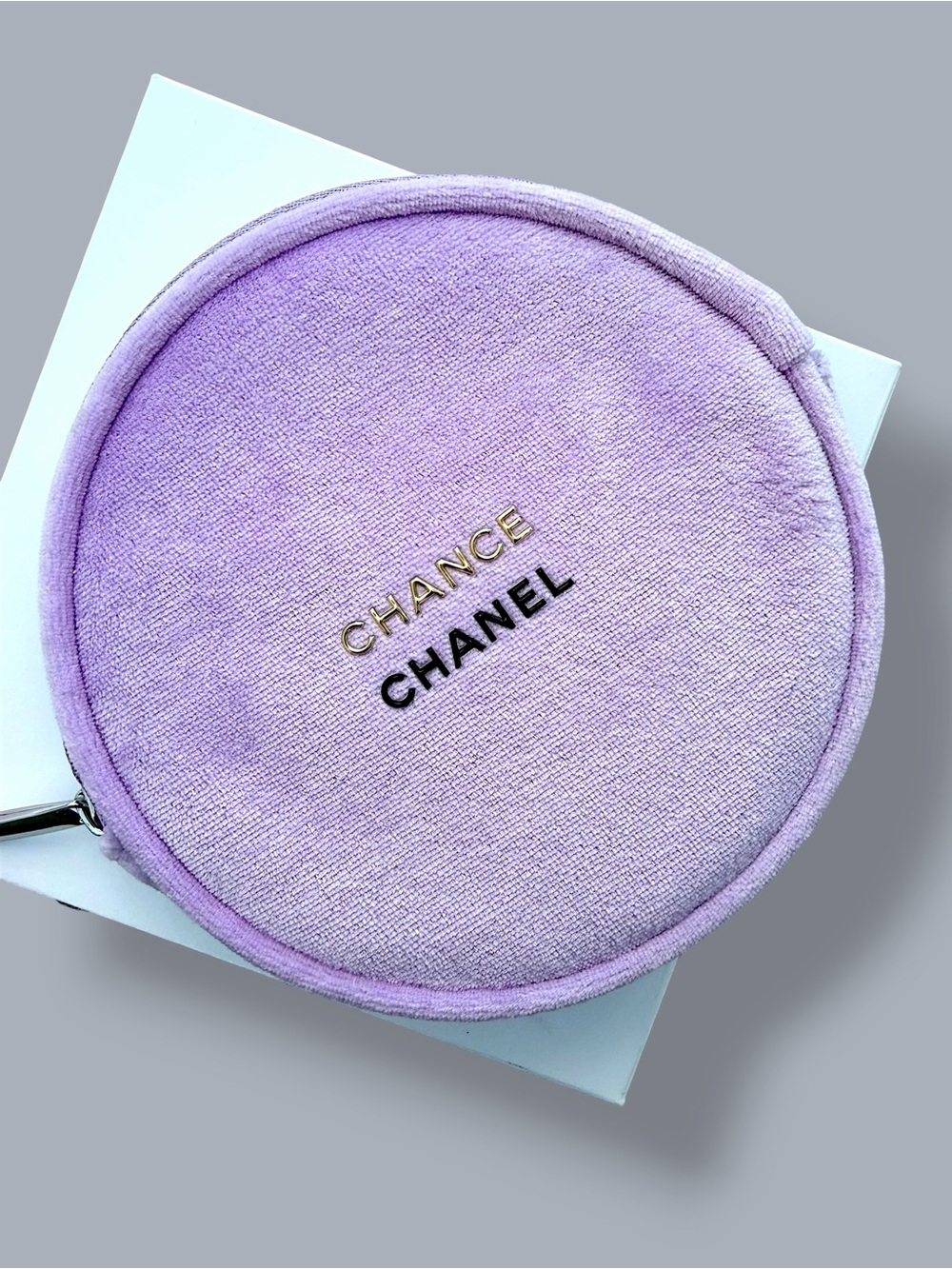 CHANEL Paris-Paris & GWP Item Lavender Round Cosmetic Pouch with Gold Logo